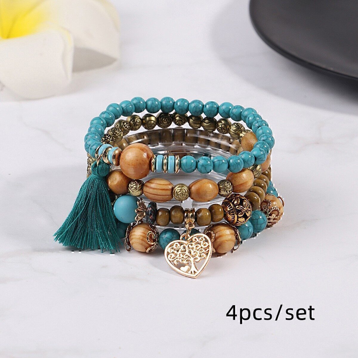Turquoise Bohemian Bracelet – Natural Wood Beads Turquoise Bohemian Bracelet – Natural Wood Beads