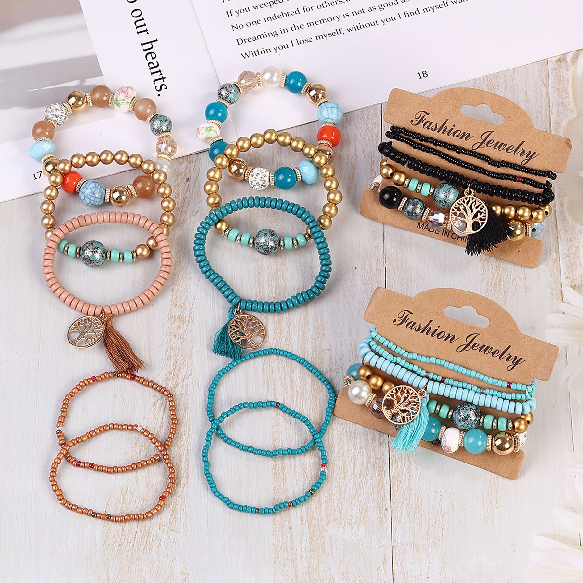 Bracelet: 5 Turquoise Bohemian Tassel Charms - 1
