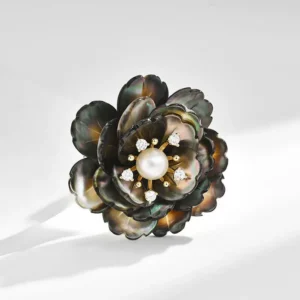 Black Mother of Pearl Brooch – Elegant Peony Design