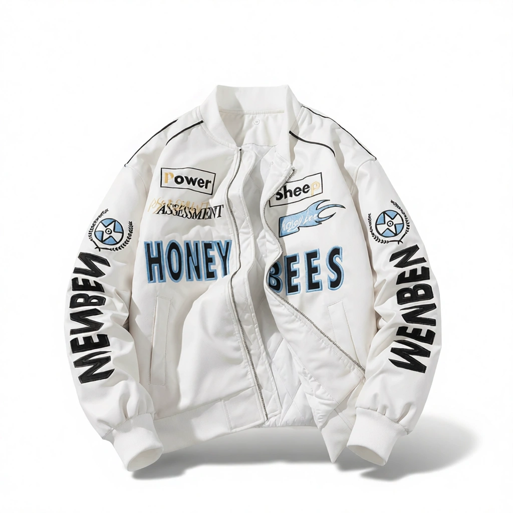 Embroidered Bomber Jacket – Retro Streetwear Style White Background Embroidered Bomber Jacket – Retro Streetwear Style white background