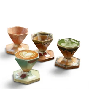 Hexagonal Ceramic Cup – Artisan Crafted Design - Hexagonal coffee cup: red and yellow flow