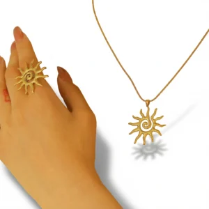 Hollow Sun Necklace Ring Set – Elegant Gold-Plated Style white background