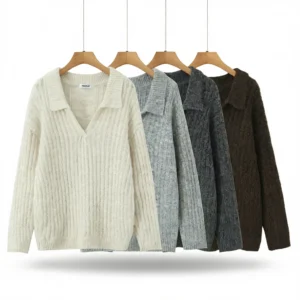 Cozy Sweater: Relaxed Fit, Soft Knit Polo Neck for Autumn/Winter Comfort white background