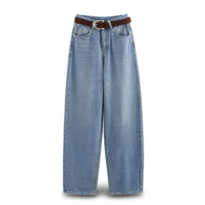 Chic High-Waisted Denim Jeans: Flattering Slim Fit Tapered Pants white background