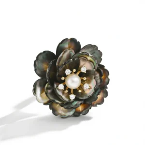 Black Mother of Pearl Brooch – Elegant Peony Design