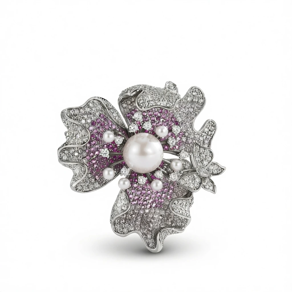 Pearl Butterfly Brooch – Elegant Floral Accent White Background Pearl Butterfly Brooch – Elegant Floral Accent white background