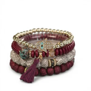 Burgundy Ethnic Bracelet – Bohemian Tassel Style