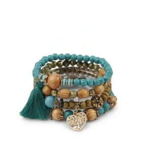 Turquoise Bohemian Bracelet – Natural Wood Beads