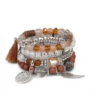 Bohemian Bracelet: 4pc Warm Hues, Elastic Charm Set