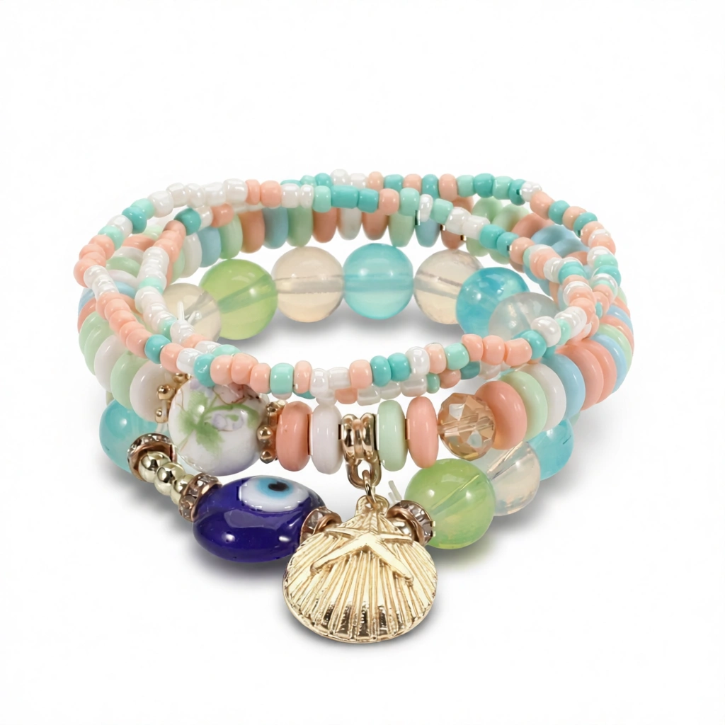 Rainbow Shell Bracelet – Vibrant Bohemian Style White Background Rainbow Shell Bracelet – Vibrant Bohemian Style white background