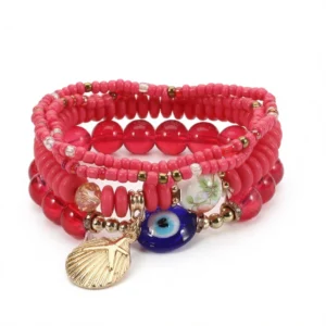 Boho Evil Eye Bracelet – Multi-Layered Shell Charms