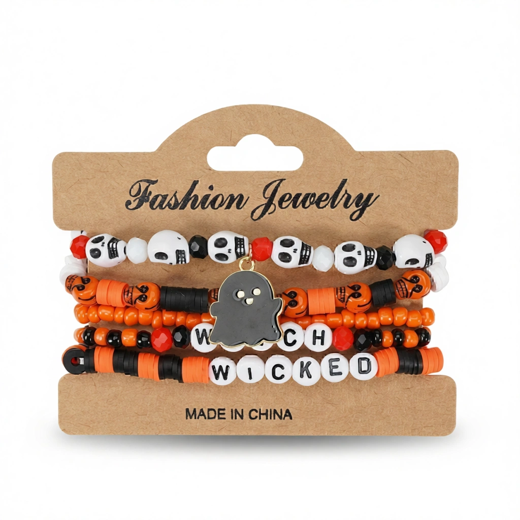 Halloween Beaded Bracelets – Festive Charm Set white background