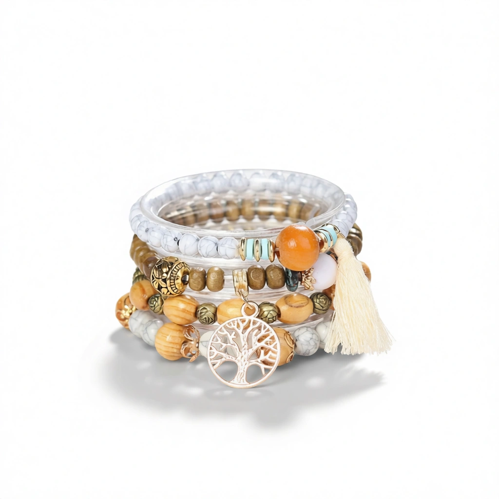 Wooden Bead Bracelets – Boho Natural Charm White Background Wooden Bead Bracelets white background